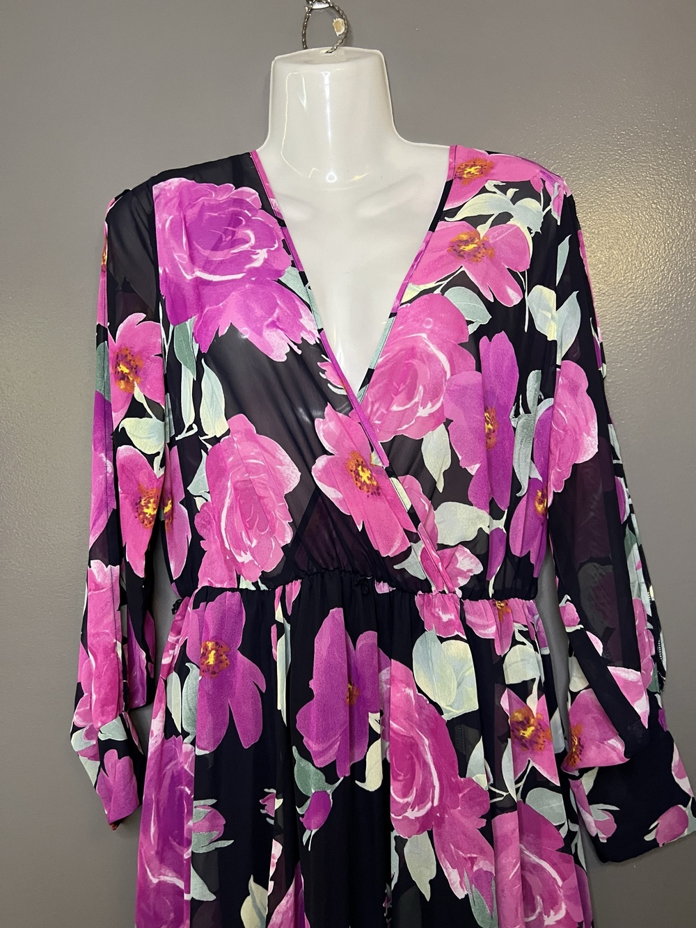 Kate And Lily Dress Womens 8 Black Floral Wrap V Neck Long Sleeve Maxi Chiffon
